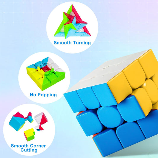 AuntyFey Speed Cube Set, 5 Pack Speed Magic Cube with Speed Cube 3x3, 2x2, 4x4, Pyramid Megaminx Stickerless Cube for Kids Toddlers Adults, Puzzle Cube Set for Kid