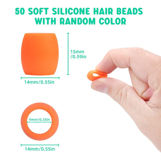 SEVENKA 100 Small Silicone Hair Beads Set for Girls, 5mm Colorful Soft Micro Silicone Hair Beads for Braids for Girls, 2 Plastic Quick Beaders for Hair Braids, 50 Elastic Rubber Bands
