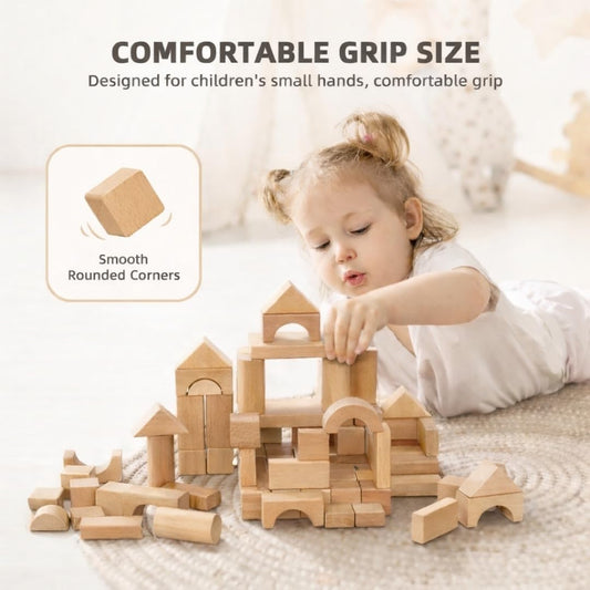 Pidoko Kids 100pcs Natural Beech Wood Building Blocks for Toddlers 1-3, Wooden Blocks with Storage Bucket and Shape Sorter Lid Montessori Toys for 1 2 3 Year Old Boys and Girls, Preschool Learning