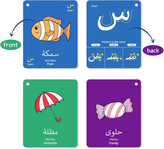 Quilinz Arabic Alphabet Flash Cards, Learn Arabic Letters for Beginners Adult, Kids, Toddlers, Set of Letter, Sight Word, Color, Shape and Number Flashcard, Preschool Educational Learning Activities