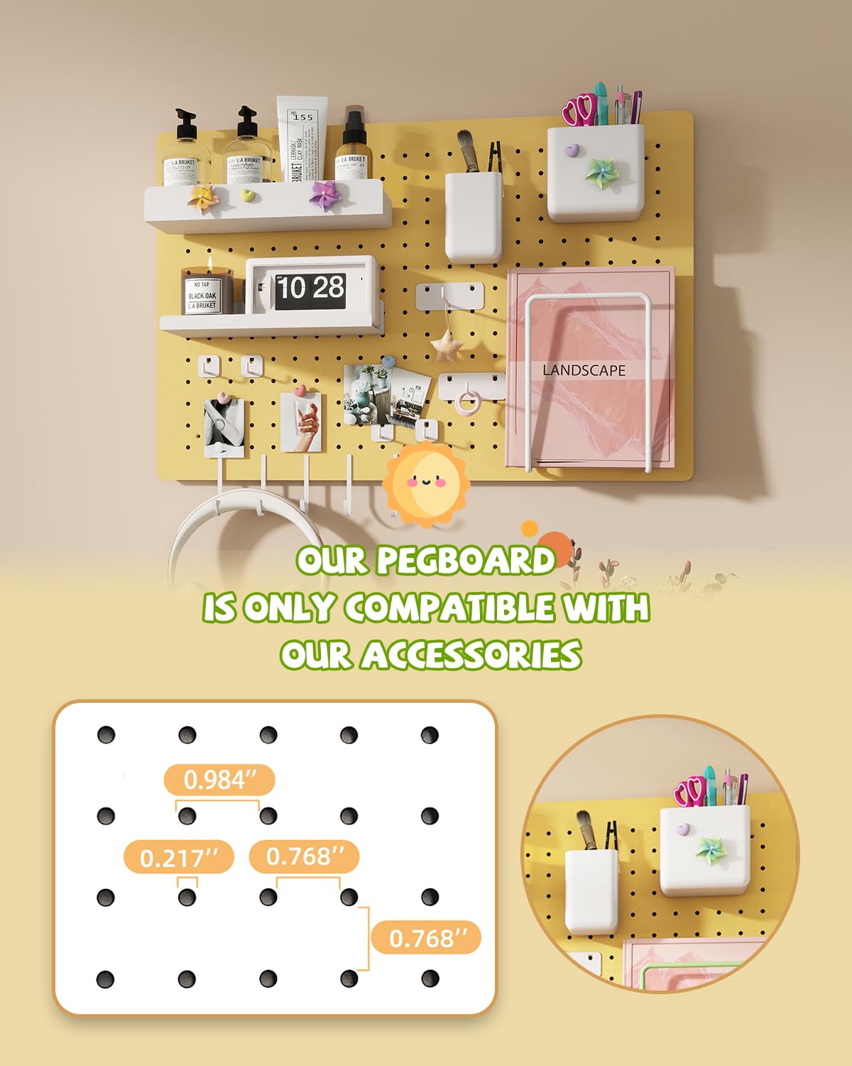 Metal Pegboard Kit — Carbon Steel Pegboards with 26 Accessories, Pegboard Wall Organizer for Home, Office, Study Room, Kitchen, Craft Room & Gaming Setup — 24″ × 16″ Yellow Peg Board