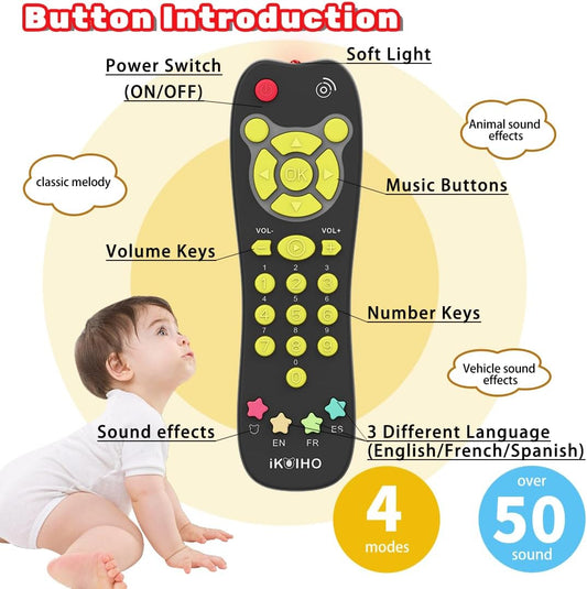 Baby Remote Control Toy, Realistic Toddler TV Remote Toy with Light Sound Kid Learning Education Musical Toys with English French Spanish Infant Gift for Boys Girls 6M+ (Black)