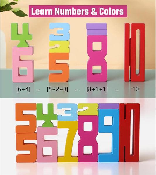 20PCS Wooden Number Building Blocks- Montessori Math Stacking Number Blocks Toys with Counting Games, Bright Digital Building Blocks Friends of 10,Learning Toys for Kids Ages 3-8