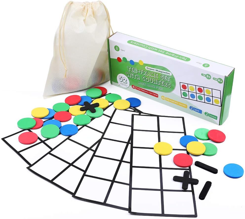 Big Magnetic Ten Frame Set, Opret 52 Pieces Math Manipulatives for Elementary, Kindergarten Classroom Must Haves Math Games with Storage Bag, Ages 5+, 4 Frames, 44 Counters, 2 Plus and 2 Minus
