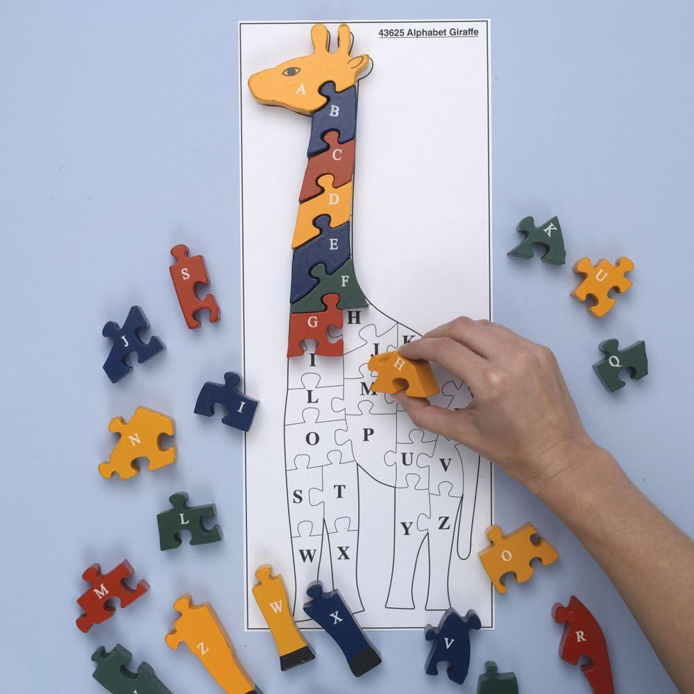 Bits and Pieces - Wooden Alphabet Giraffe Puzzle - Learn ABCs and 123s - Colorful Large 3/4 Inch Thick, Non-Toxic Paint
