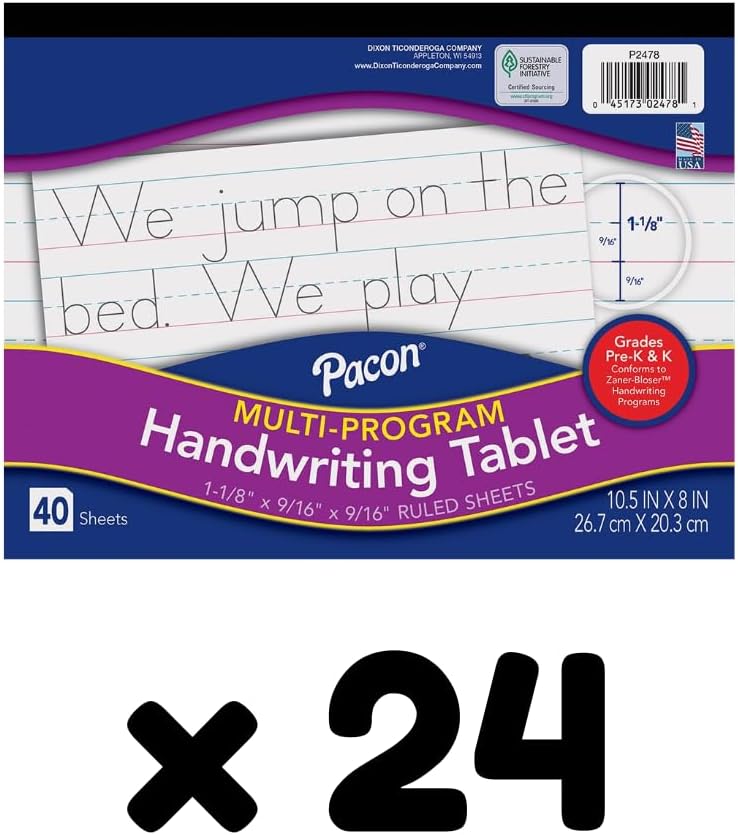 Pacon Handwriting Paper, Zaner-Bloser Grades Pre-K & K, 1-1/8" x 9/16" x 9/16" Ruled 10-1/2" x 8", Ruled Long, 40 Sheets