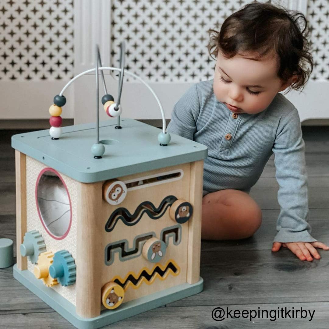 Bigjigs Toys Wooden Activity Cube - 100% FSC® Certified Busy Centre with Shape Sorter & Bead Maze, Sustainable Sensory Toys for 1 Year Old, 22cm W x 23cm H