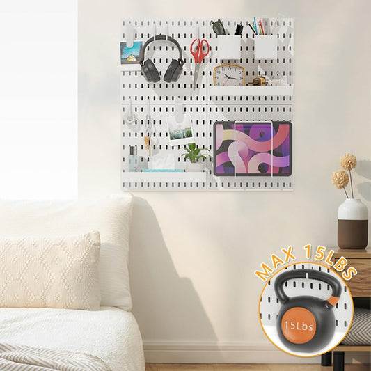 16pcs Pegboard sets, Plastic White Peg board Wall Organizer Kits,4pcs Peg Board and 12 Accessories Modular Hanging, Wall Mount Display Pegboard Panel Sets for Home Office Garage Kitchen Workshop