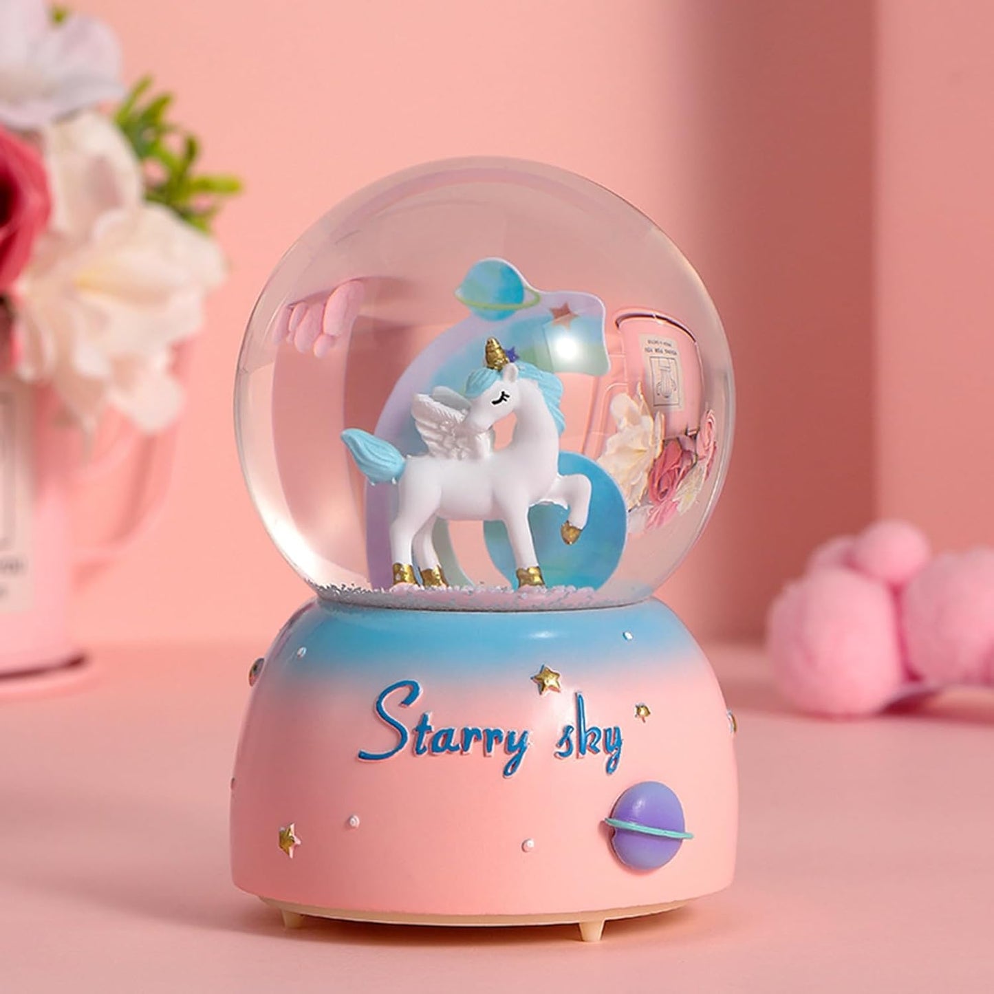 Unicorn Music Snowball, 80MM Snow Globes for Girls Music Box, with LED Rainbow Snow Lights, Birthday, Christmas, Ideal Gift for Girls (Pink&Blue)