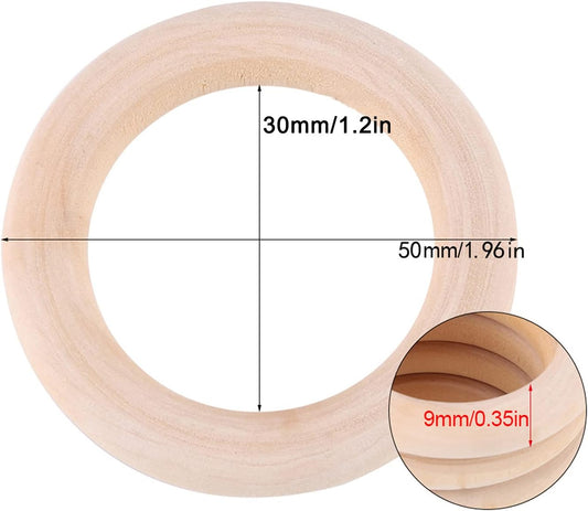 Watris Veiyi 50Pcs Natural Wood Rings, Wooden Rings for Crafts, Unfinished Wood Circles, 50mm Smooth Wooden Rings for Macrame Rings Knitting Jewelry Making