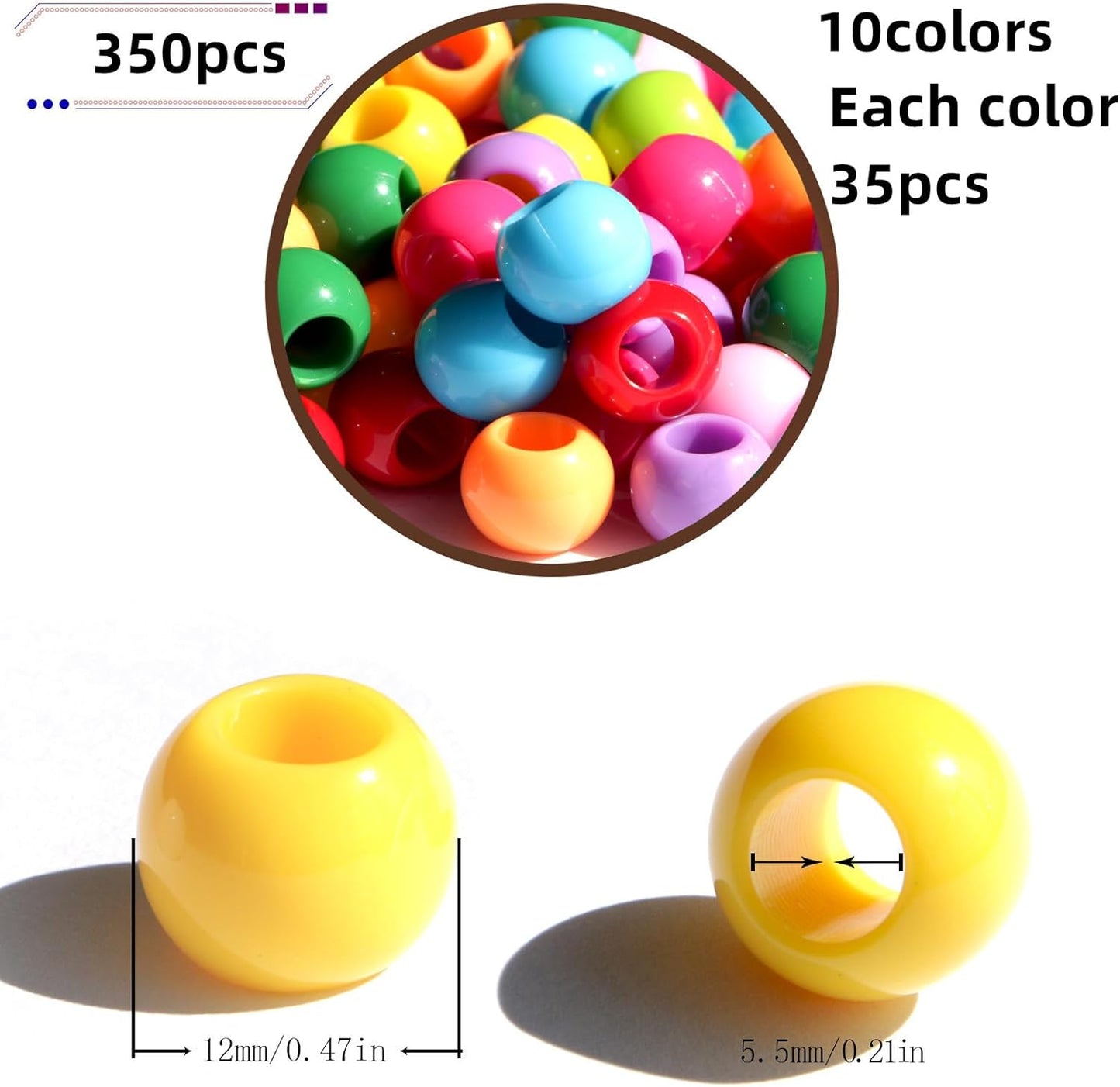 160pcs 12mm Plastics Acrylic Beads Mix 10 Color Large Hole Hair Beads(Hole:5.5mm)
