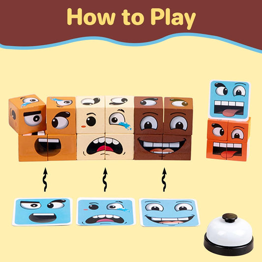 Face Changing Magic Cube Game, Wooden Expression Puzzle Block Games, Fine Motor Skills Board Games for Kids & Adults with Bell