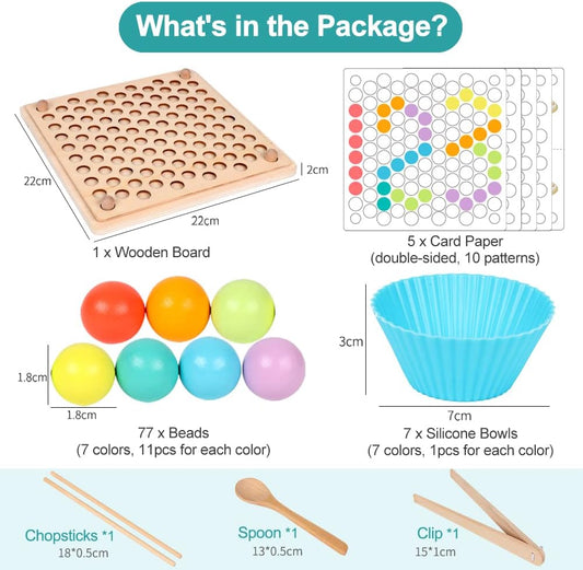 Kids Wooden Toy, Children's Toys for 3 Years Old, Montessori Board, Fine Motor Early Education Color Recognition Chopsticks Clip Beads Hands Brain Training