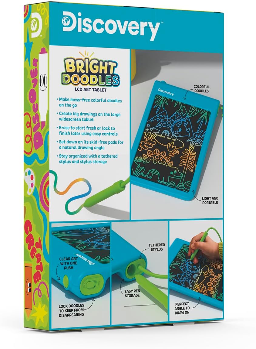 Discovery™ Bright Doodles LCD Art Tablet - Mess-Free Colorful Drawing Pad & Tethered Stylus| Widescreen Display| LCD Writing Tablet for Kids| Arts & Crafts Toy| Toddler Learning Toy| Doodle Board Gift