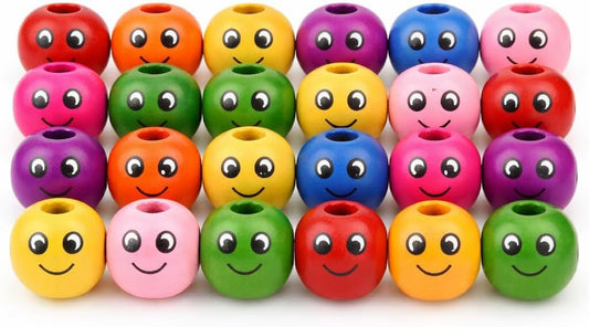 Perlin Wooden Beads with Smiley Face 60 Pieces Threading Beads Made of Wood Colourful 3mm Hole Bead for Craft Making Decorations and DIY Crafts