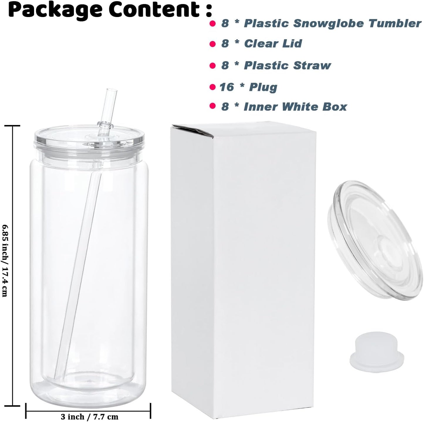 20 Oz Plastic Snowglobe Tumbler, 4 Pack Pre-Drilled Double Wall Acrylic Snow Globe Cup, Plastic Clear Cup for Snowglobe, with Clear Lid