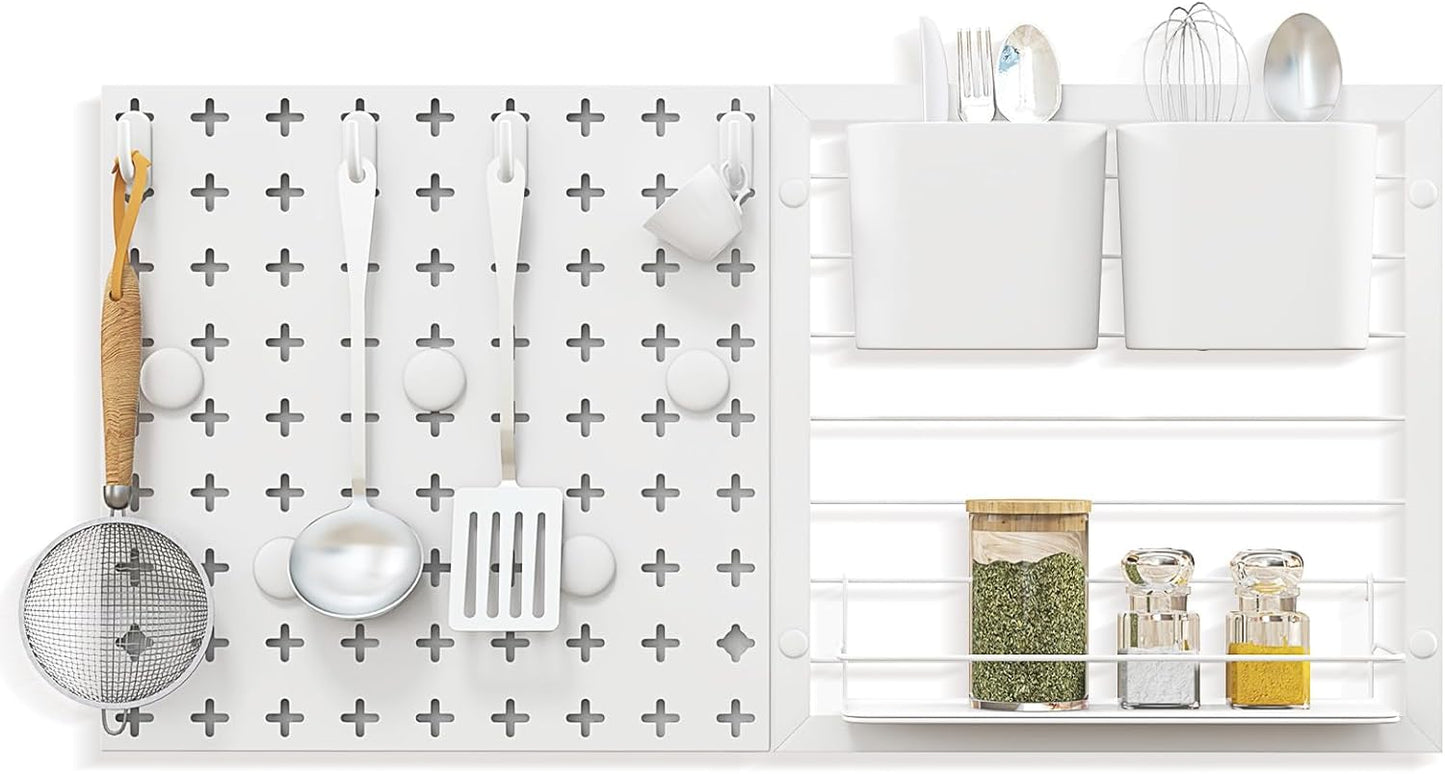 Goplus Peg Board, Metal Pegboard Kit with 2 Pegboard Panels, 12 Accessories, Storage Rack, 2 Storage Containers, Magnets & Hooks, White Pegboard Wall Organizer for Office Kitchen Home