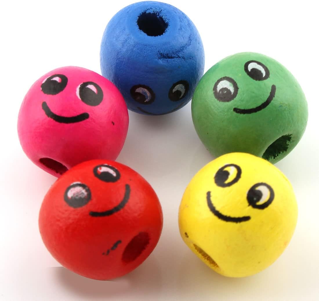 Perlin Wooden Beads with Smiley Face 60 Pieces Threading Beads Made of Wood Colourful 3mm Hole Bead for Craft Making Decorations and DIY Crafts