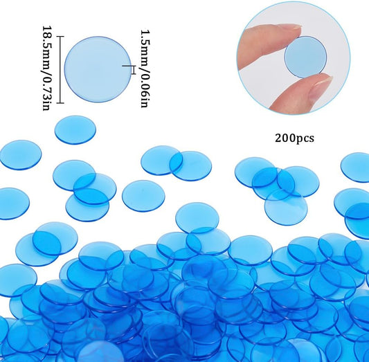200Pcs Small Plastic Counting Chips Math Markers Blue Flat Round 18.5mm Plastic Large Group Transparent Mosaic Tile Disc Counter Item Chip for School Classroom Math Counters Family Activities