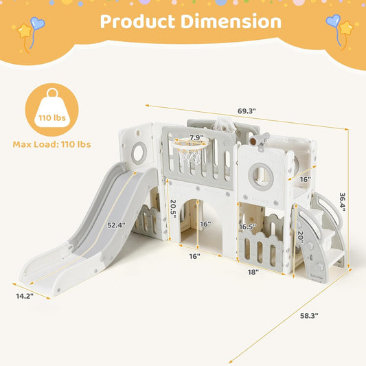 Arlopu 9 in 1 Toddler Slide Set, Kids Large Climber Slide Playset w/Long Slope, Telescope, Storage Space, Enclosed Steps, Indoor Outdoor Playground (White & Gray)