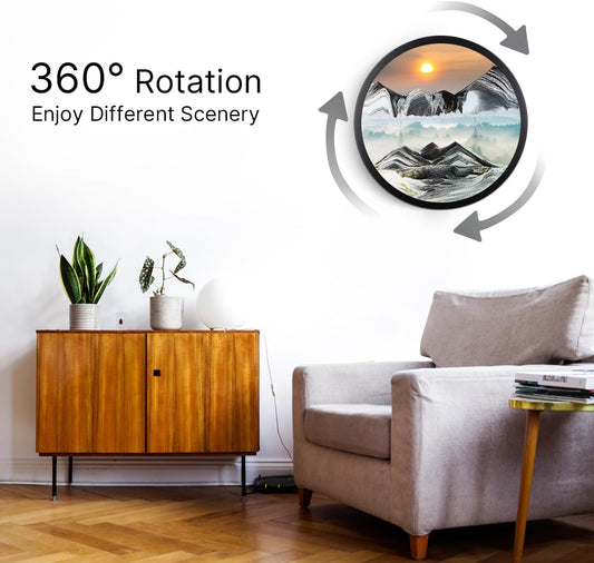 17.3" Moving Sand Art, 3D Sand Art Pictures Deep Sea Sandscape Living Room Decoration, 360° Rotate, Glass Crafts Solid Wood Frame, Relaxing Mood Home Office Work Wall Art Decor