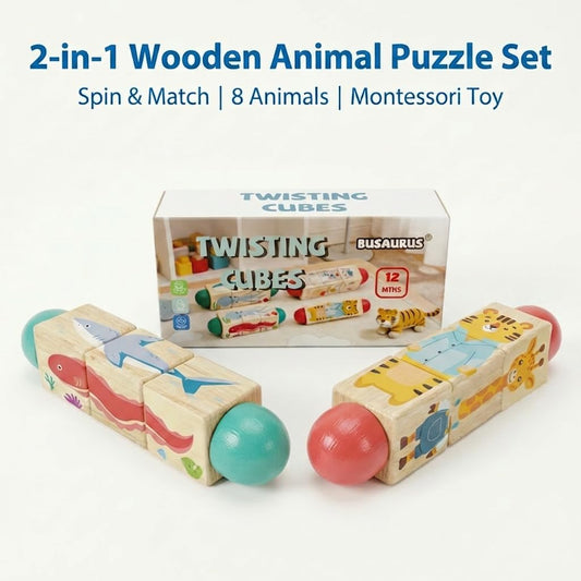 Wooden Rotating Puzzle Toys for Toddlers 1-2 (Set of 2) - Montessori Travel Toys for Airplane & Car Activities - Spinning Animal Matching Blocks - Sensory Fidget Gift for Boys Girls 12-24 Months