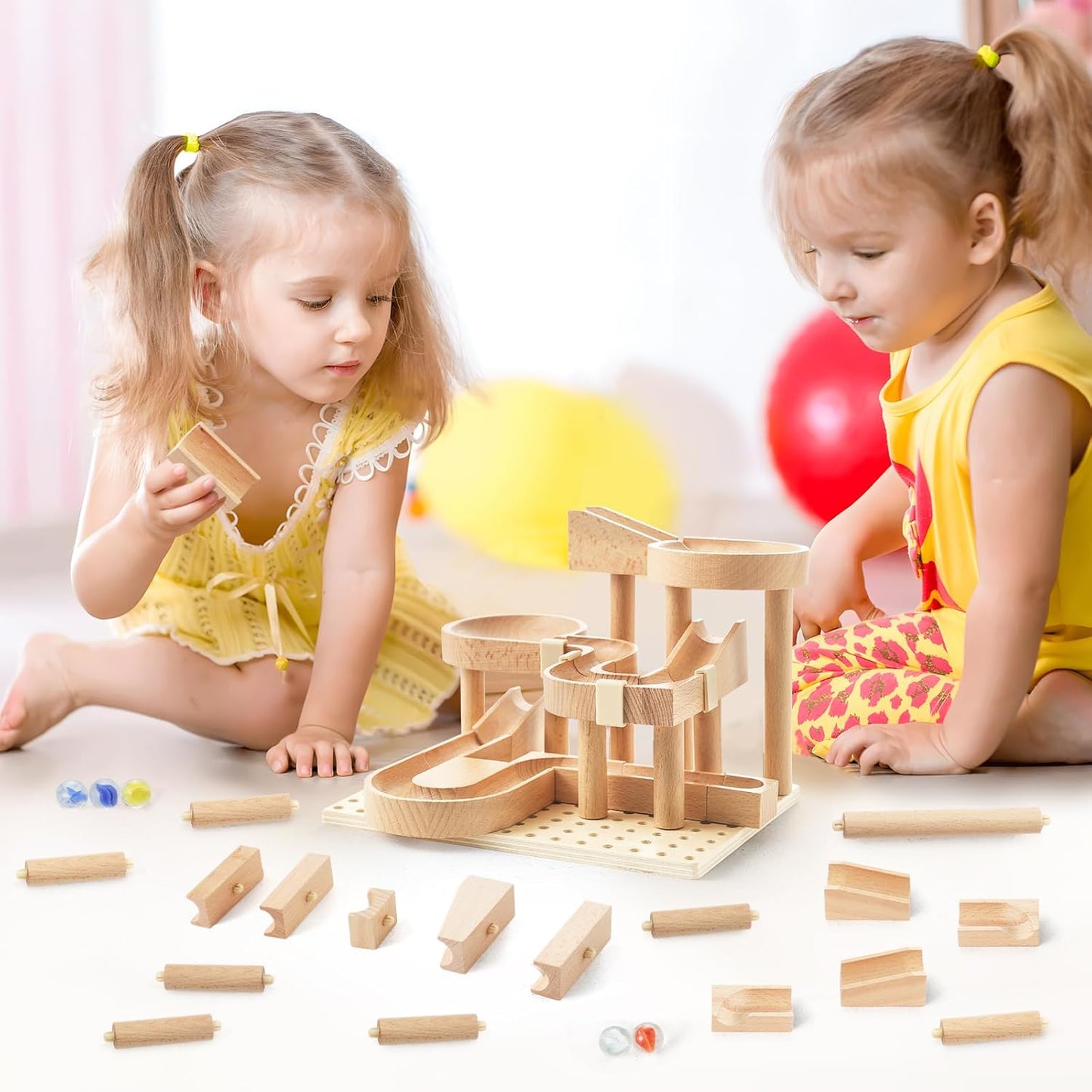 Wooden Marble Runs for Kids 4-8, 38 Pcs Marble Rush Track Maze Construction Play Set, STEM Learning Toys, Wood Building Blocks Toys, Gift for Boys & Girls