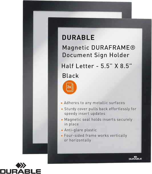Durable Duraframe Sign Holder, Letter-Size 8.5" x 11" Inch, Black Magnetic Frame - Wall Mount, Pack of 2