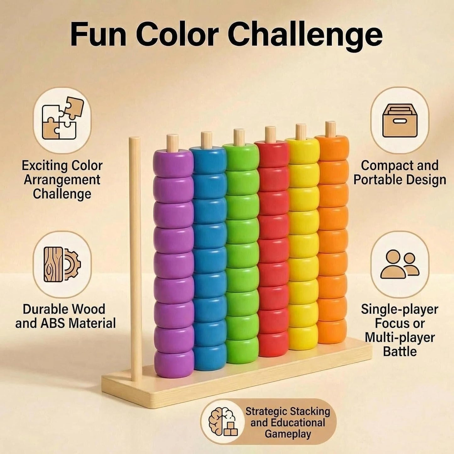 MOYEE Wooden Color Match Challenge Game - Stacking Puzzle for Family & Adults with 60+ Logic Challenges, Speed & Strategy Game for Game Night Gatherings