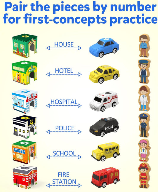 Coogam Montessori Sorting & Stacking Blocks with Nesting Garages Cars, Stackable Number Boxes for Toddlers Learning Community Helpers, Preschool Educational Toy Gift for 2 3 4 Year Old Baby