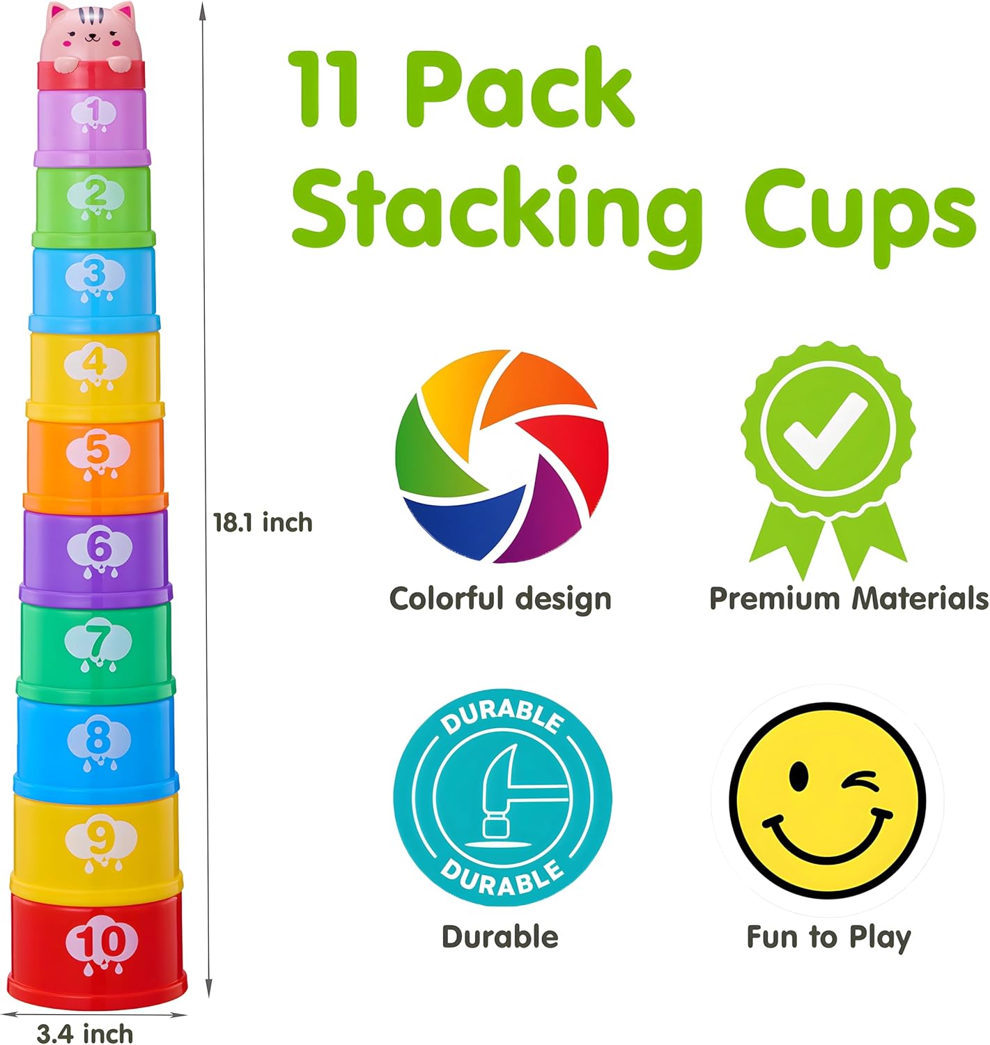 Bunny Baby Stacking Cups for Toddlers 1-3, Stacking Toys Plastic Stackable Cups for Babies 6-12 12-18 Months Toddler Toys 1-2 Nesting Color Learning Montessori Toy Gift for 1 Year Old Boy Girl