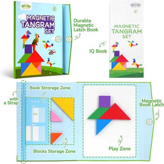 BenBen Travel Tangram Puzzle with 2 Sets Magnetic Wooden Shapes, Extra Large Dual-Sided Magnet Surface, Color Pattern IQ Book,Road Trip Car Plane Game,Educational STEM Travel Toys for Kids Adults
