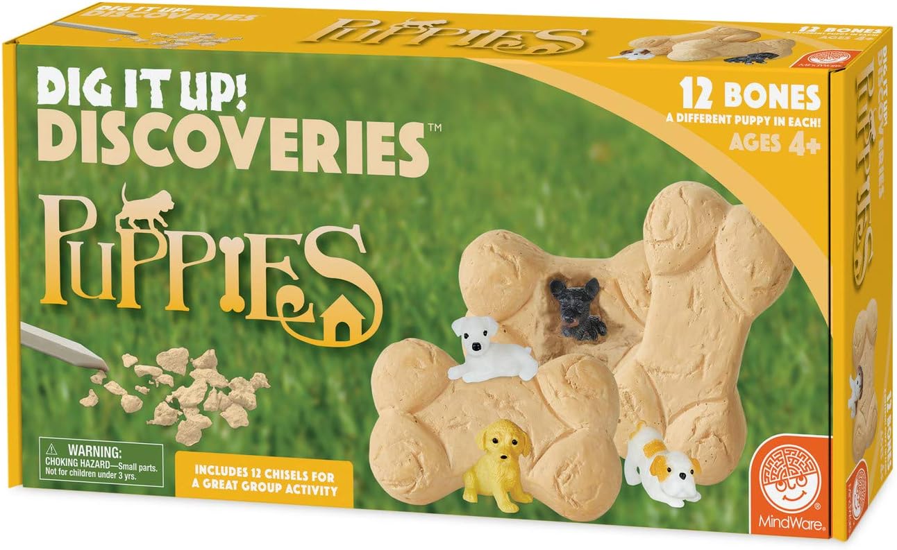 MindWare Dig it Up! Puppies Excavation Kit - Educational Toys for Kids 4 and Up - Dig Kit with 12 Bones, 12 Puppy Figurines, 12 Chisels - Ideal for Group Activities, Events or Classroom Brain Breaks
