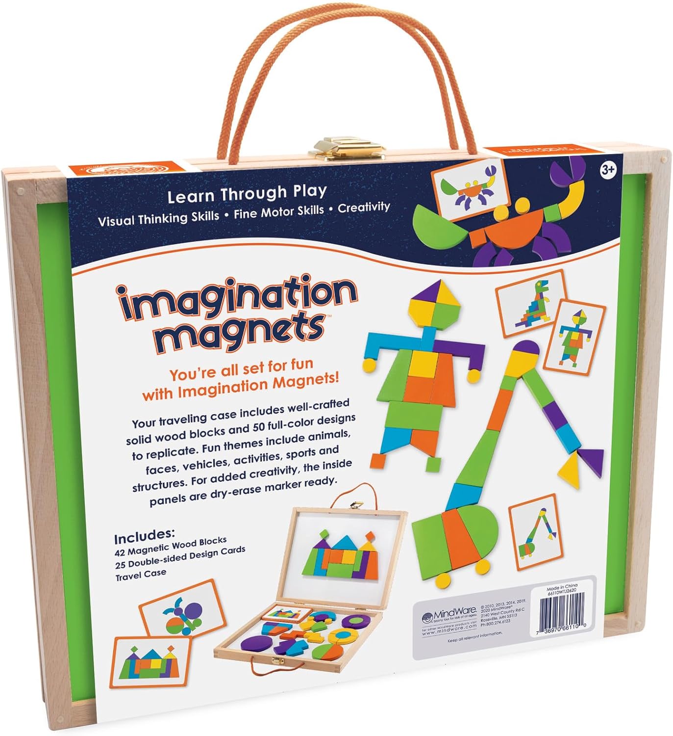 MindWare Imagination Magnets Wooden Pattern Blocks Set - Imaginative Play with magentic Shapes in a Carrying case - 42 Magnetic Solid Wooden Blocks, 50 Full-Color Laminated Puzzles