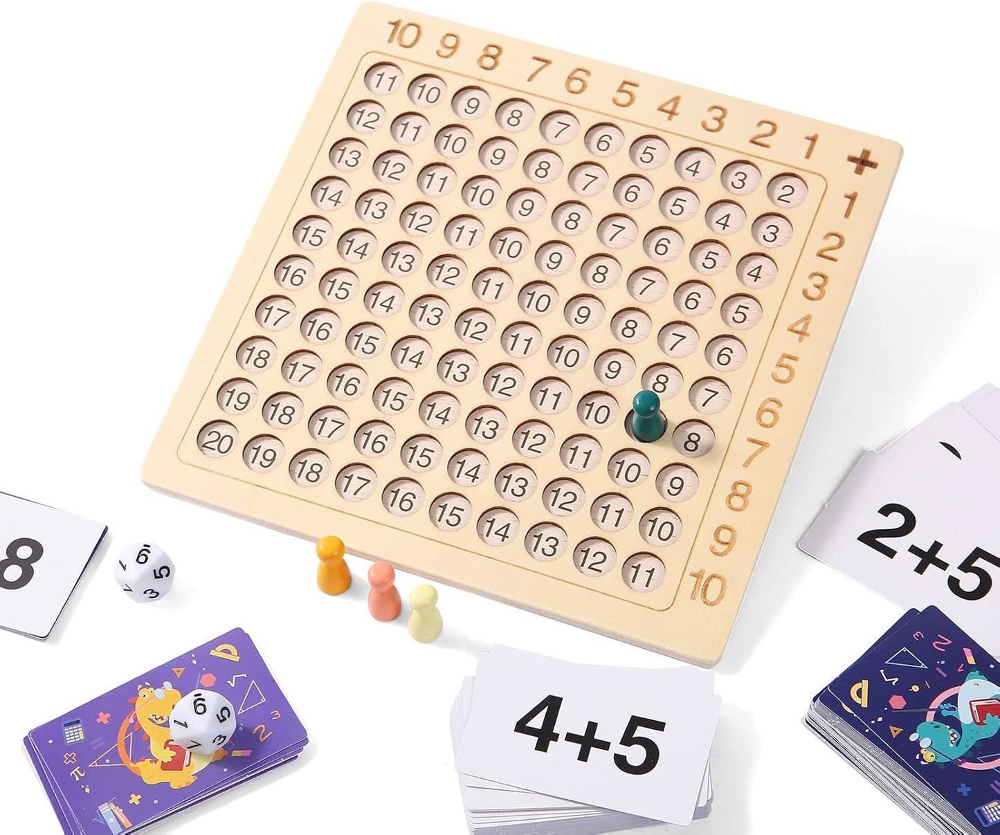 2 in 1 Multiplication Addition Math Board Game for Kids - Wooden Montessori Math Toys for Girls Boys 4 5 6 7 8 9 Years Old Wood Double Sided Board Table Dice Card Games for Family