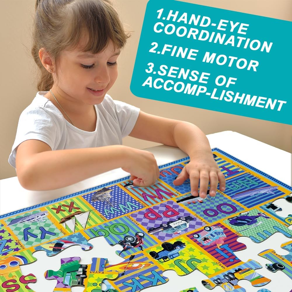 Floor Puzzle for Kids,48 Piece Transportation Letter A-Z Alphabet Puzzle,Vivid of Cartoon Design Letter Games for Preschoolers,Learn ABCs with Fun- Interactive Educational Toy for Ages 3+