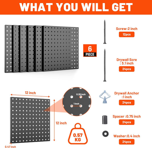 ValueMax 6 Pack Metal Pegboard Panels, 12”x 12” Heavy Duty Metal Pegboard Wall Organizer for Home, Garage, Workbench, Kitchen, Craft Room Tool Storage, Black Modular Peg Board Organizer Board