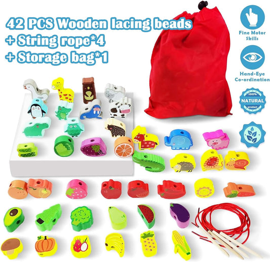 46 PCS Wooden Lacing Beads,Animals Fruits Threading Toys for Toddlers,Preschool Learning Lacing Toys,Montessori Educational Stringing Threading Beads Toys for Kids 3 4 5 6 Year Old Boys Girls