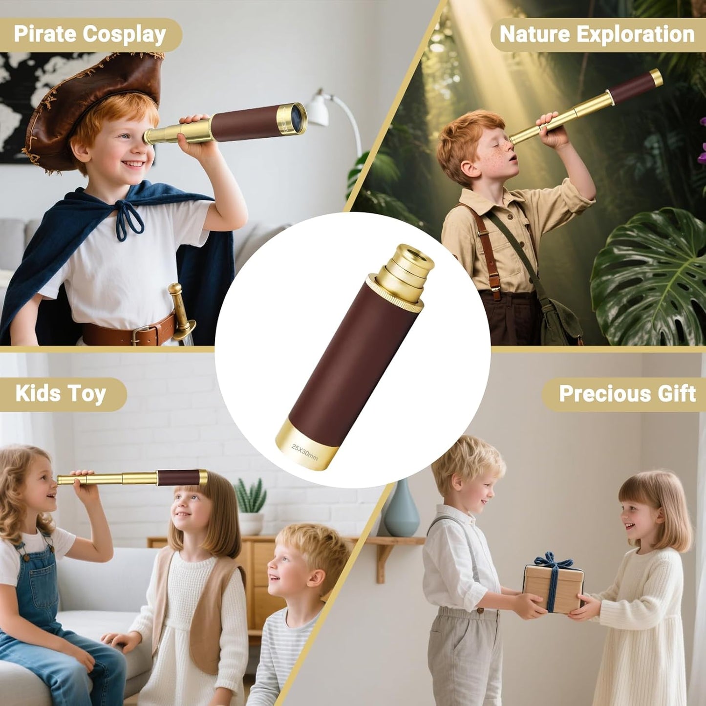Retro Pirate Telescope Zoomable with Treasure Map 25x30 Spyglass Portable Collapsible Handheld Telescope Vintage Monocular for Kids & Survival Gear
