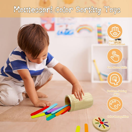 Wooden Montessori Sticks Toys for Kids, 8 Colors Natural Wood Toddler Learning Sorting Toys for 3 Year Old, Sensory Matching Game Birthday Gifts for Boys Girls (Multi-Shaped Stick)