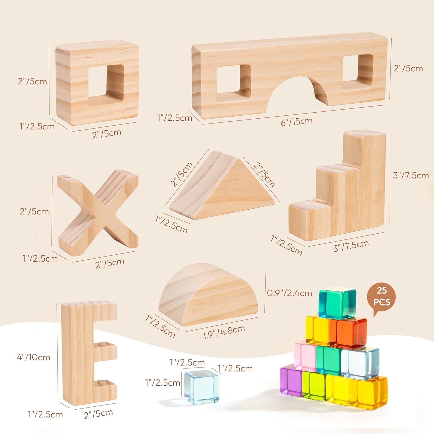 Woodtoe Wooden Building Blocks Set for Kids, 36 PCS Rainbow Acrylic Gem Blocks - 3 Wood House, Montessori Stacking Toy for Toddlers, Educational STEM Birthday Creative Toy Gift for Boys Girls 3-6