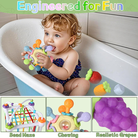 6-in-1 Montessori Baby Toys for 6-12-18 Months, Fun Infant Toys with Shape Sorter Sensory Bin, Stacking Rings, Bath Toys,Soft Fruit, Learning Developmental Toys Gifts for 1 2 3 Year Old Boys Girls