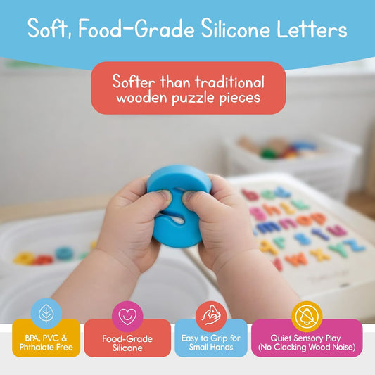 Lowercase Alphabet Puzzle for Kids, Sensory Bin Insert for Sensory Tables, Silicone Letters, Wooden Fine Motor Learning Toy by 7 Days of Play