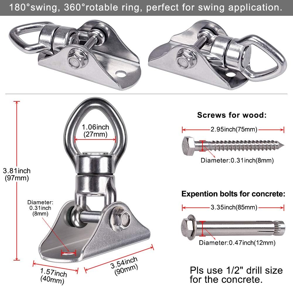 SELEWARE Silent Bearing Swing Swivel, 360° Rotational Device Hanging Accessory with Removeable Buckle for Tree Swing, Hammock Chair, Climbing Rope, Yoga, Kids Swing Swivel 1200LB Capacity, 2 Pack