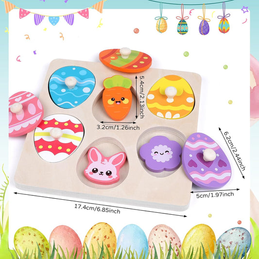 CCINEE Easter Wooden Peg Puzzles for Toddlers 1-3, 6 Pcs Matching Egg Puzzle Montessori Educational Toys for Easter Basket Stuffers Party Favors Learning Activities