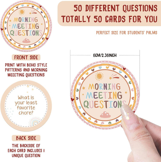 50 Morning Meeting Chips Questions Cards for Students, Classroom Questions Ideas Cards Conversation Starter for Classroom Activity Improve Communication Listening Skill Supplies(Cute)