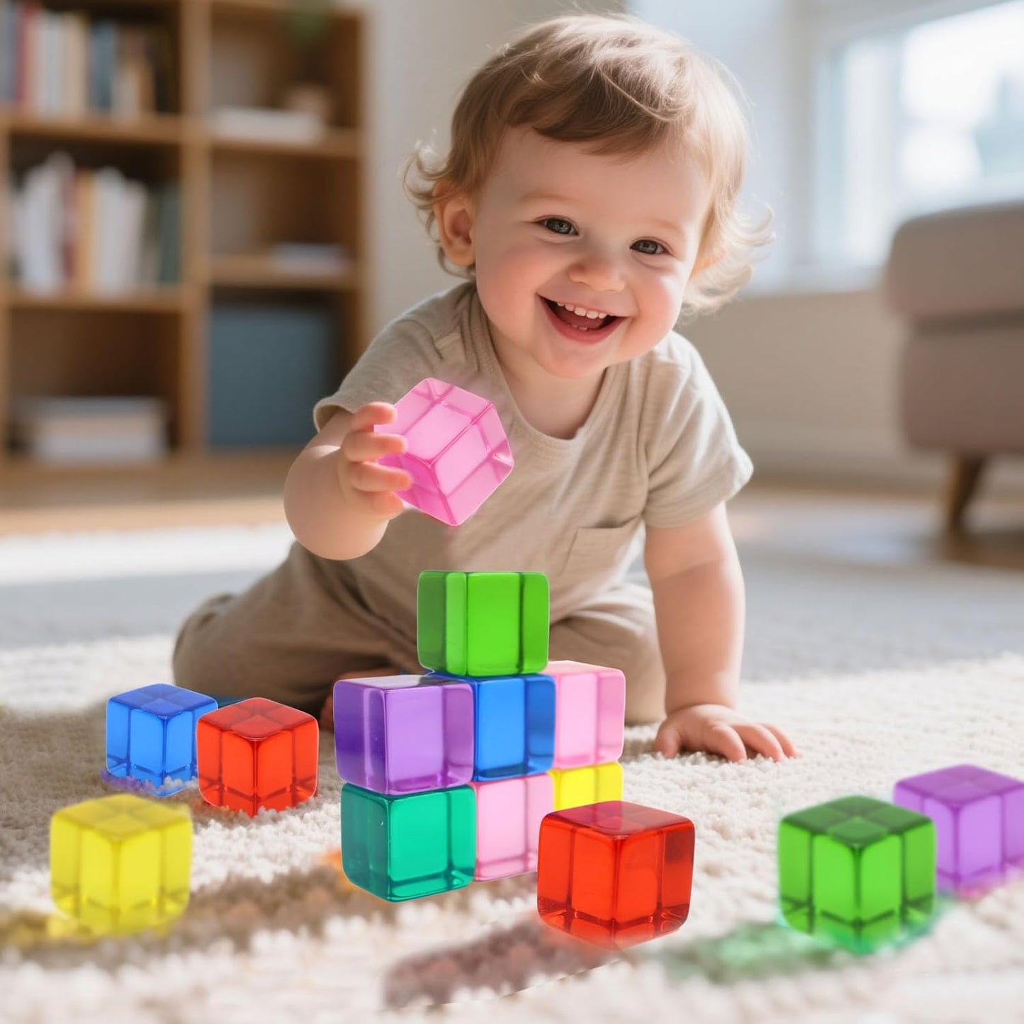 Wooden Building Blocks Set for Kids, 60 PCS Rainbow Acrylic Gem Cubes Stacking Blocks, Montessori Stacking Toy for Toddlers Educational Toy Early Learning Gifts for Boys Girls 3-6 (60)