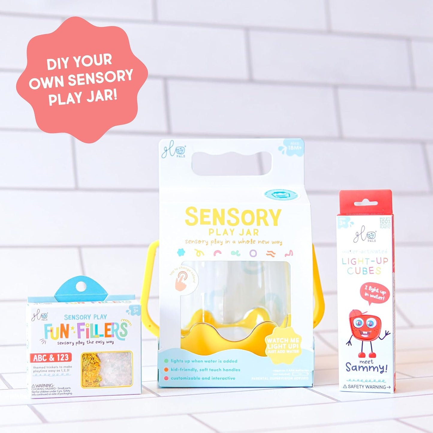 Glo Pals Water Activated Light-Up Sensory Bath Toy Play Jar, 4 Reusable Cubes and Fun Fillers for Bathtime and Sensory Play, Perfect for Kids and Toddlers, Easy As ABC