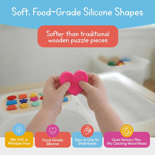 Shape Puzzle for Kids, Sensory Bin Insert for Sensory Tables, Silicone Geometric Shapes, Wooden Fine Motor Learning Toy by 7 Days of Play