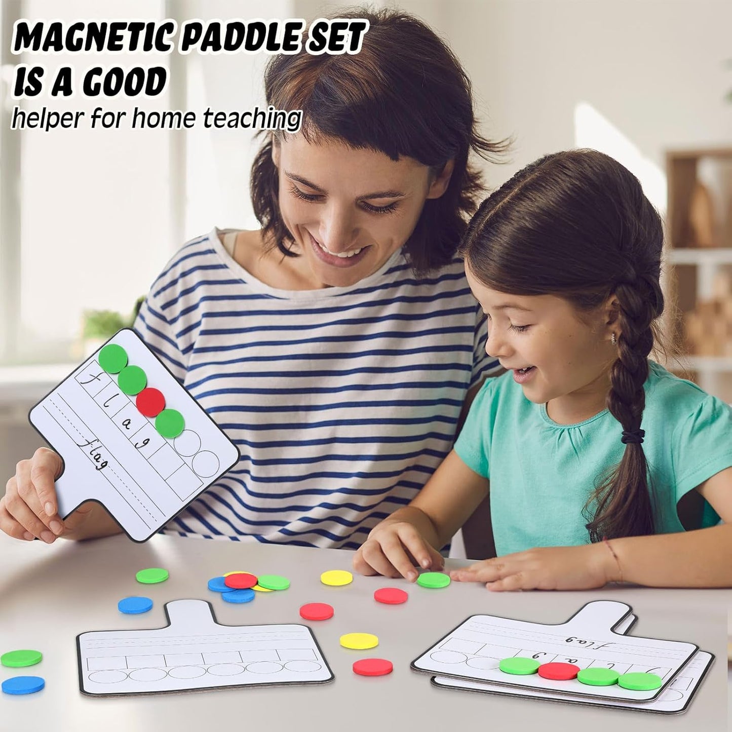 Seajan 3 Pcs Magnetic Paddle Set Education Dry Erase Double Side Handheld Answer Board with Magnetic Counters Discs Phonemic Awareness Phonics Games Toy for Students Kids Teaching Supply (Color)